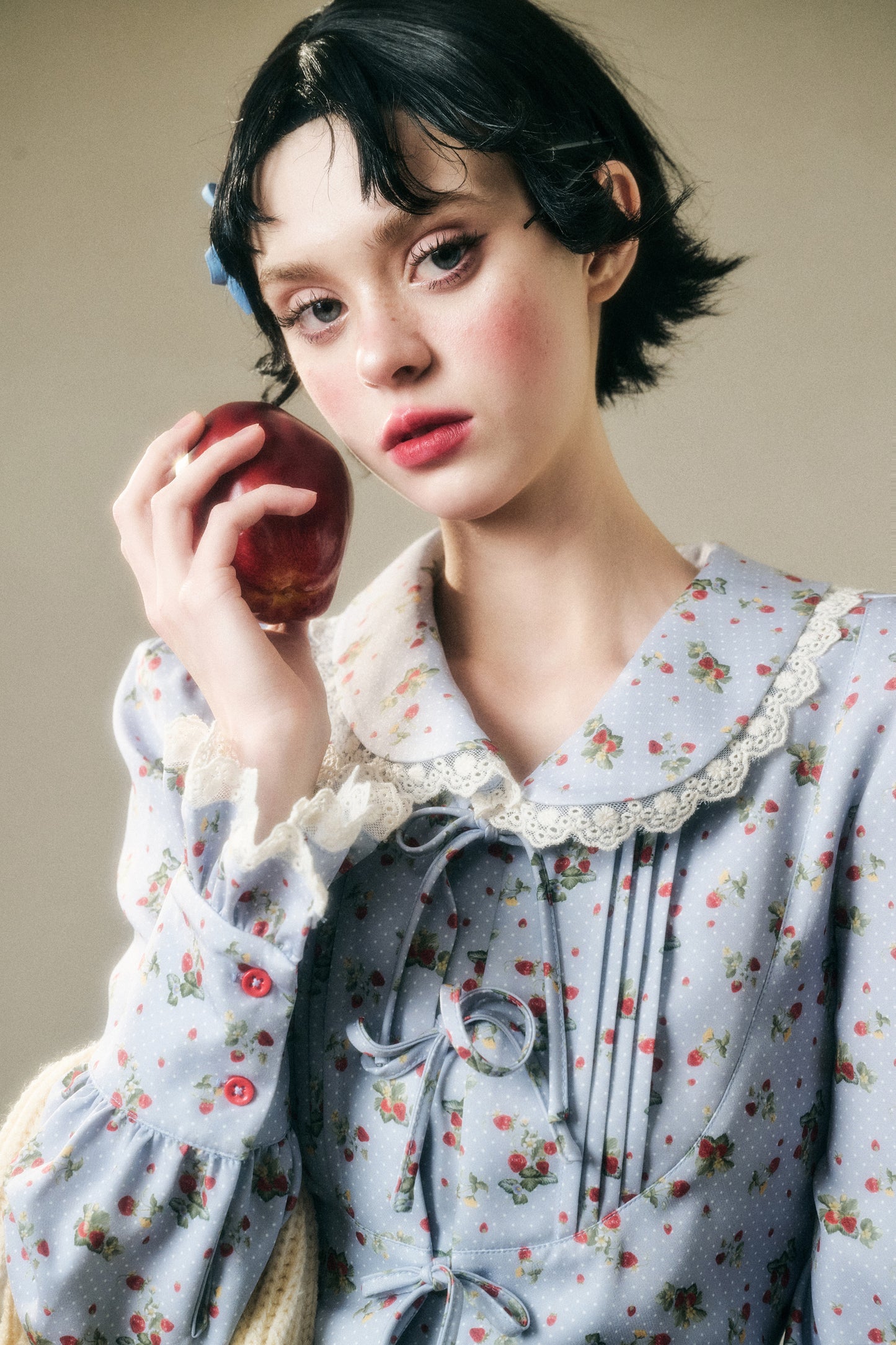 Strawberry Dotted Doll Collar Blouse And Matching Skirt
