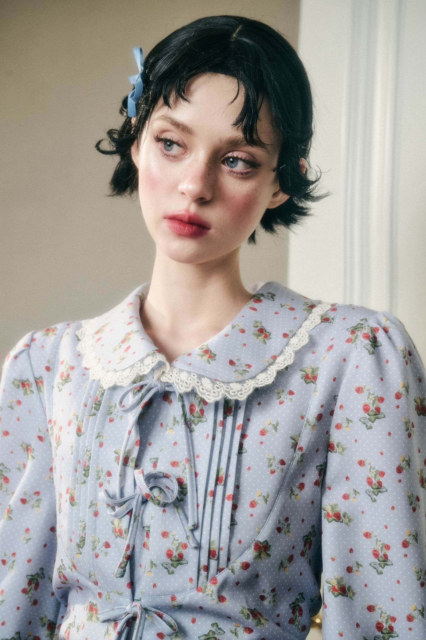 Strawberry Dotted Doll Collar Blouse And Matching Skirt