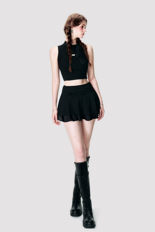 Sleeveless Crop Top With Scarf Detail And Matching Skirt