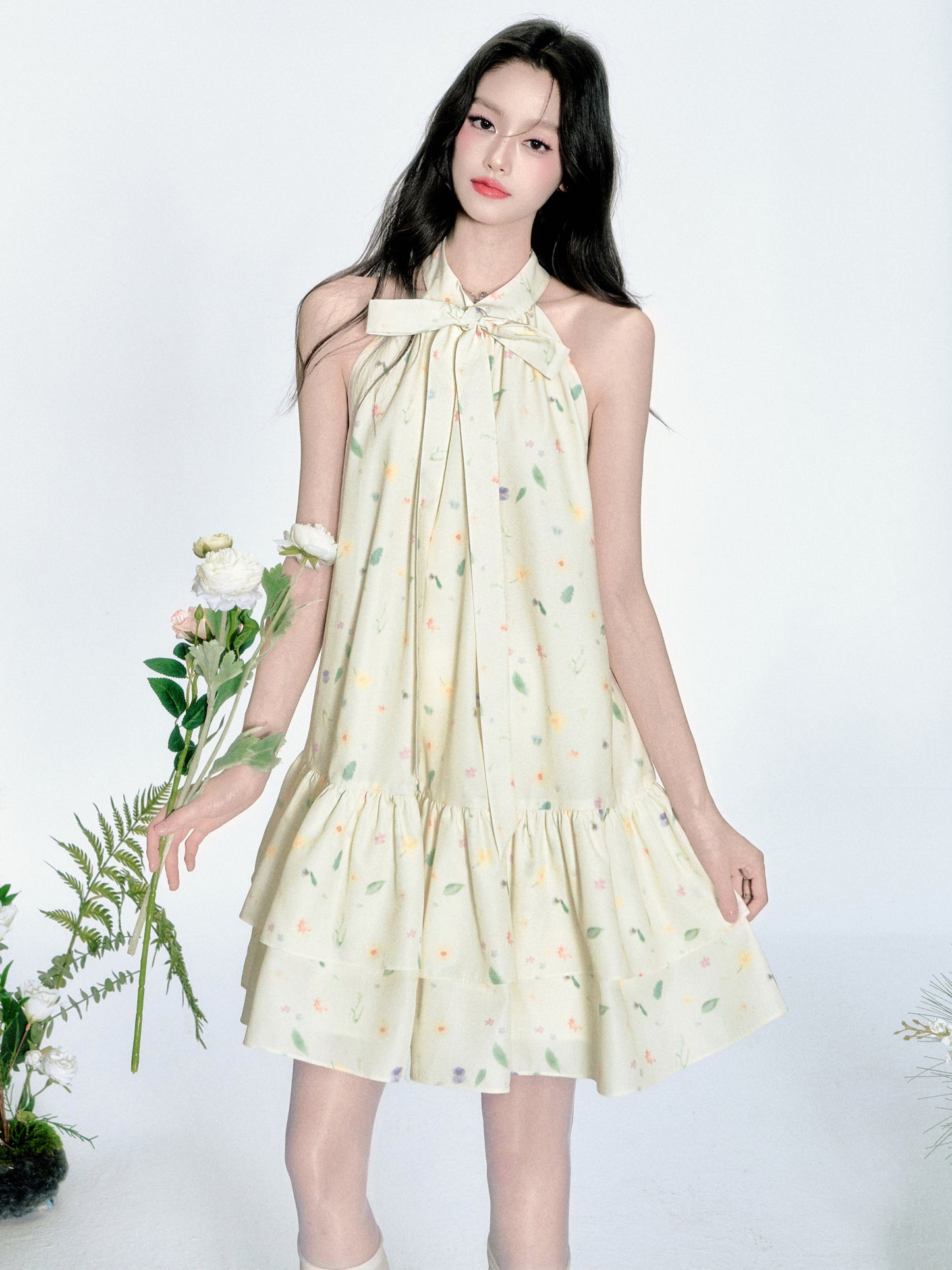 Sleeveless Floral Tiered Dress With Tie Neck