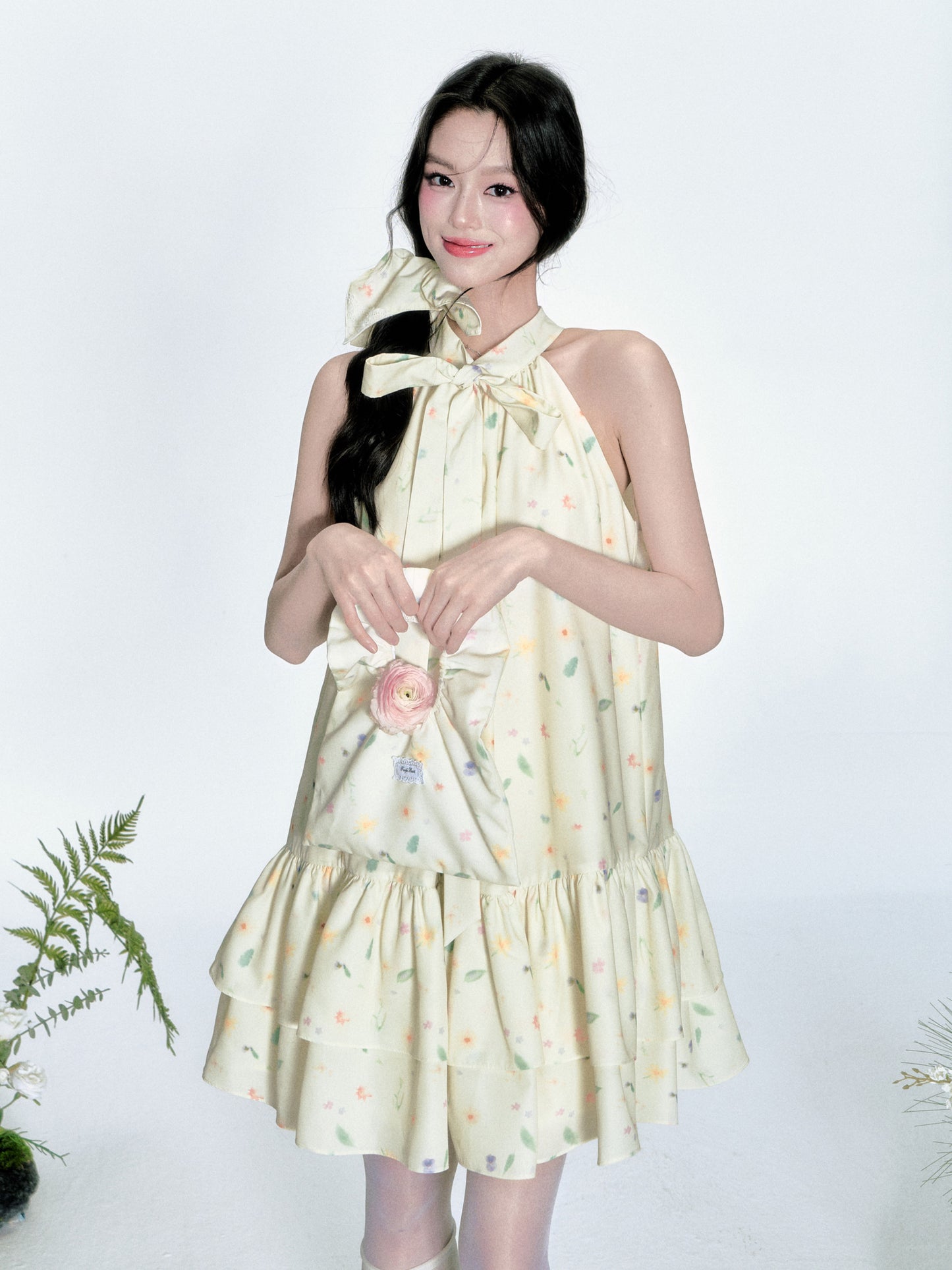 Sleeveless Floral Tiered Dress With Tie Neck