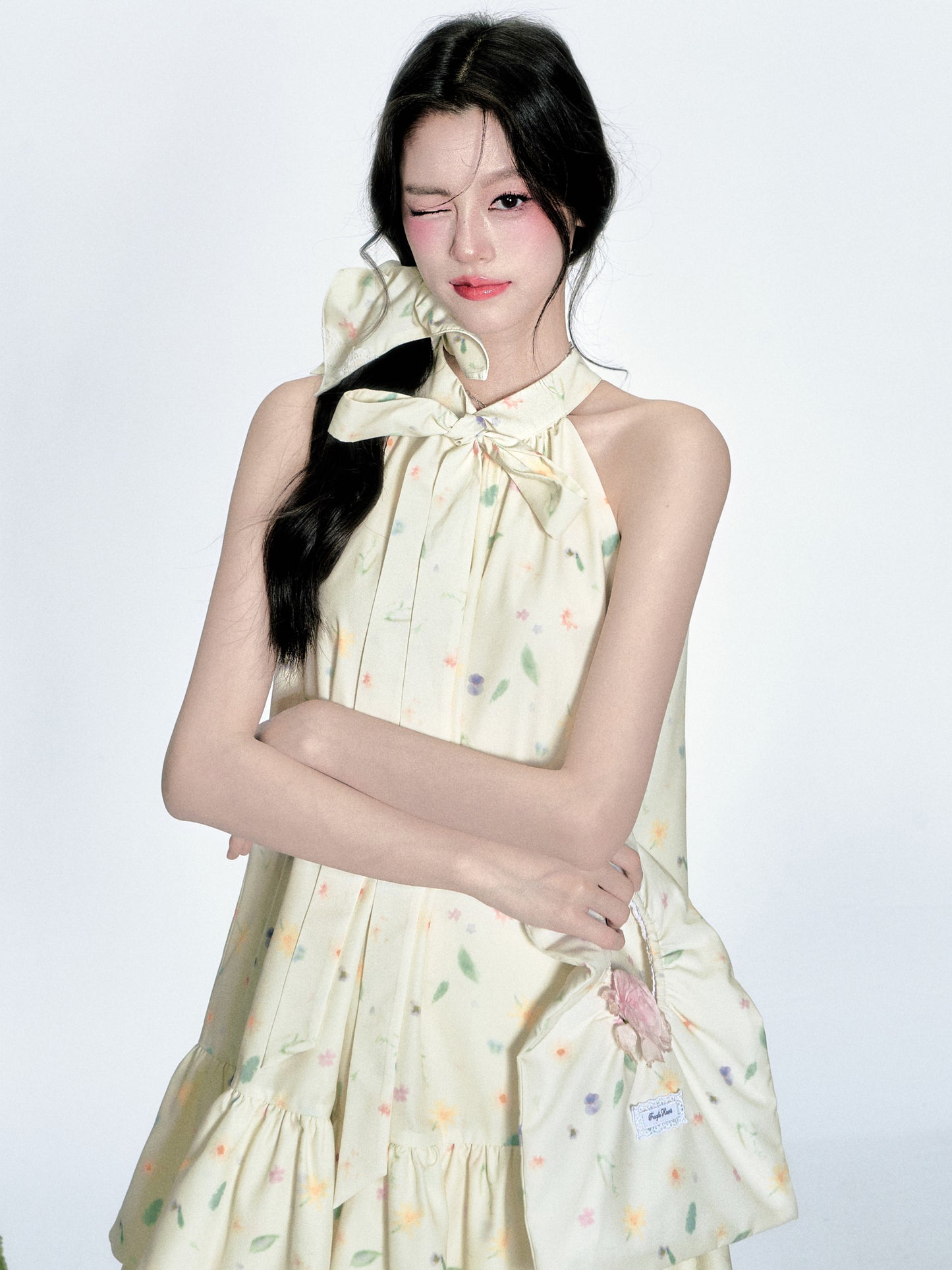 Sleeveless Floral Tiered Dress With Tie Neck