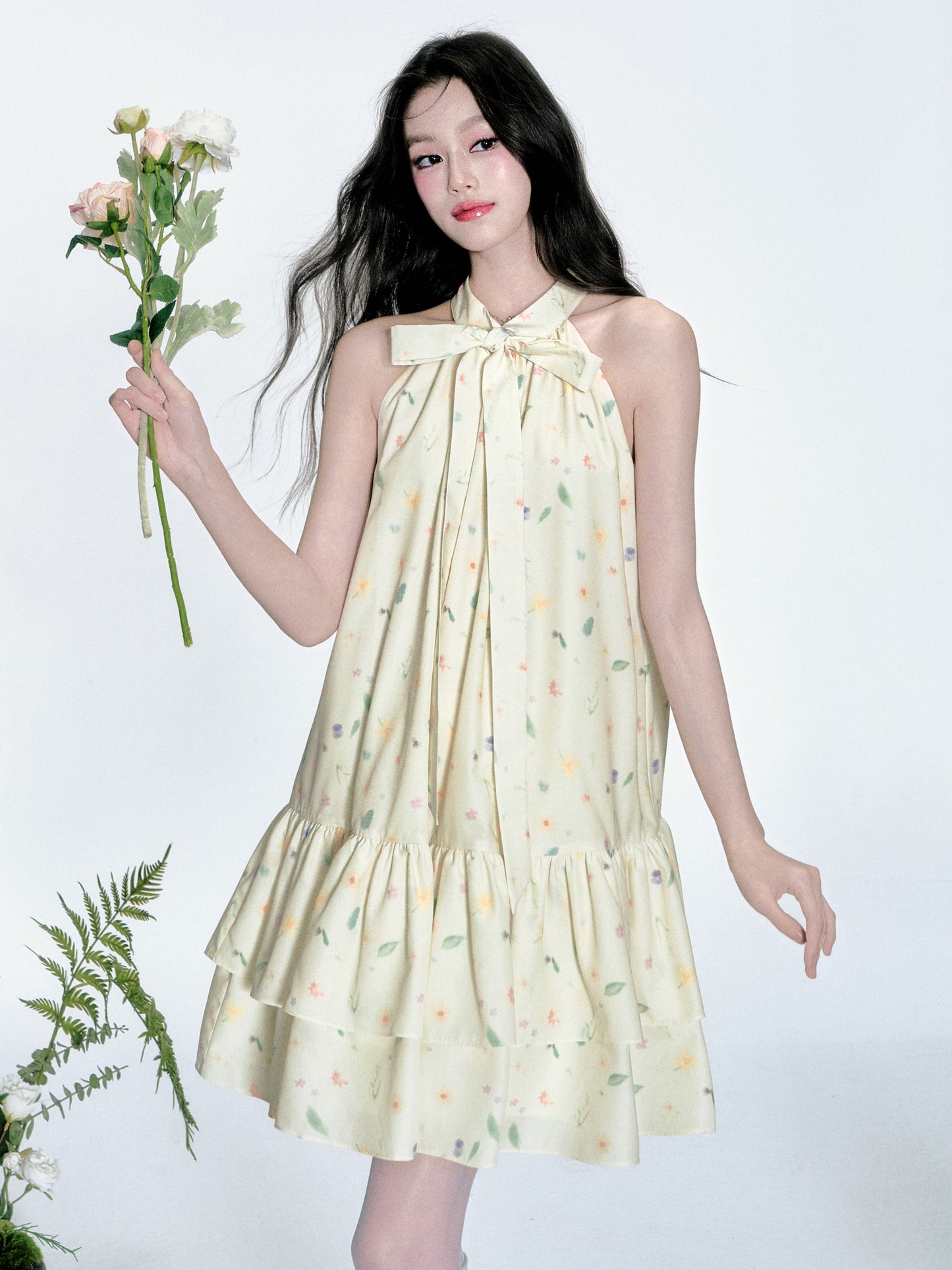 Sleeveless Floral Tiered Dress With Tie Neck