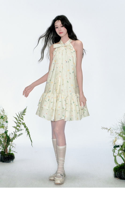 Sleeveless Floral Tiered Dress With Tie Neck