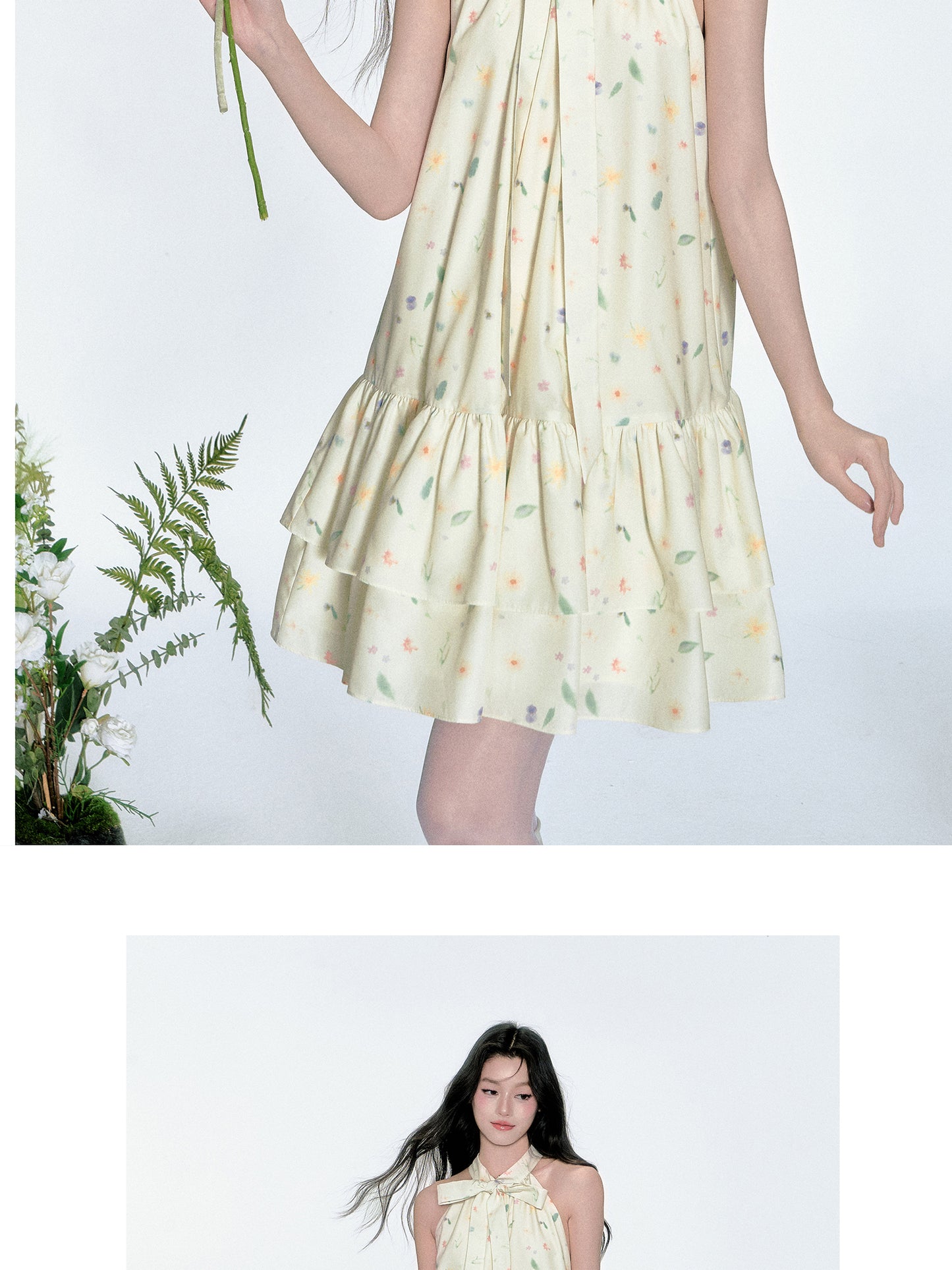 Sleeveless Floral Tiered Dress With Tie Neck