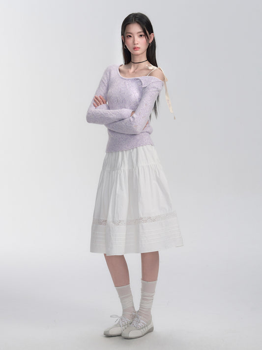Mid-Length Pintuck Cotton Skirt With Lace Detail