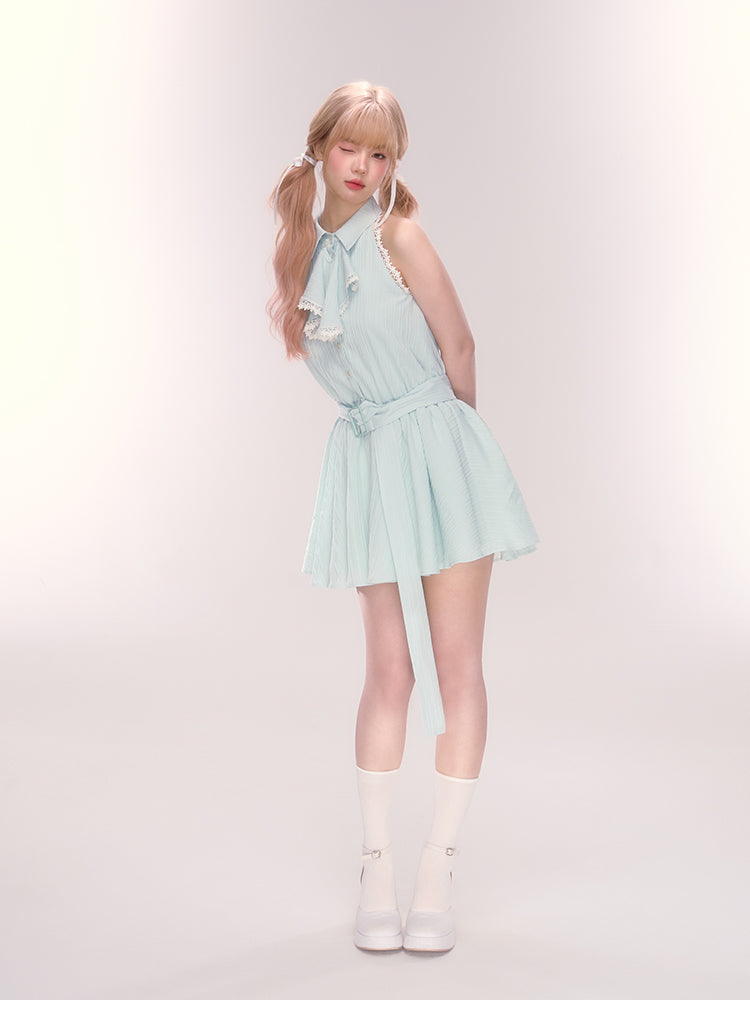 Sleeveless Belted Shirt Dress With Jabot Detail