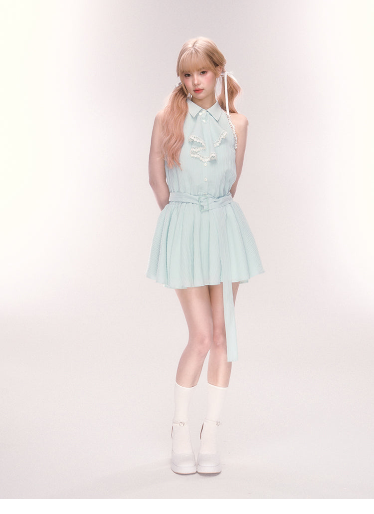 Sleeveless Belted Shirt Dress With Jabot Detail