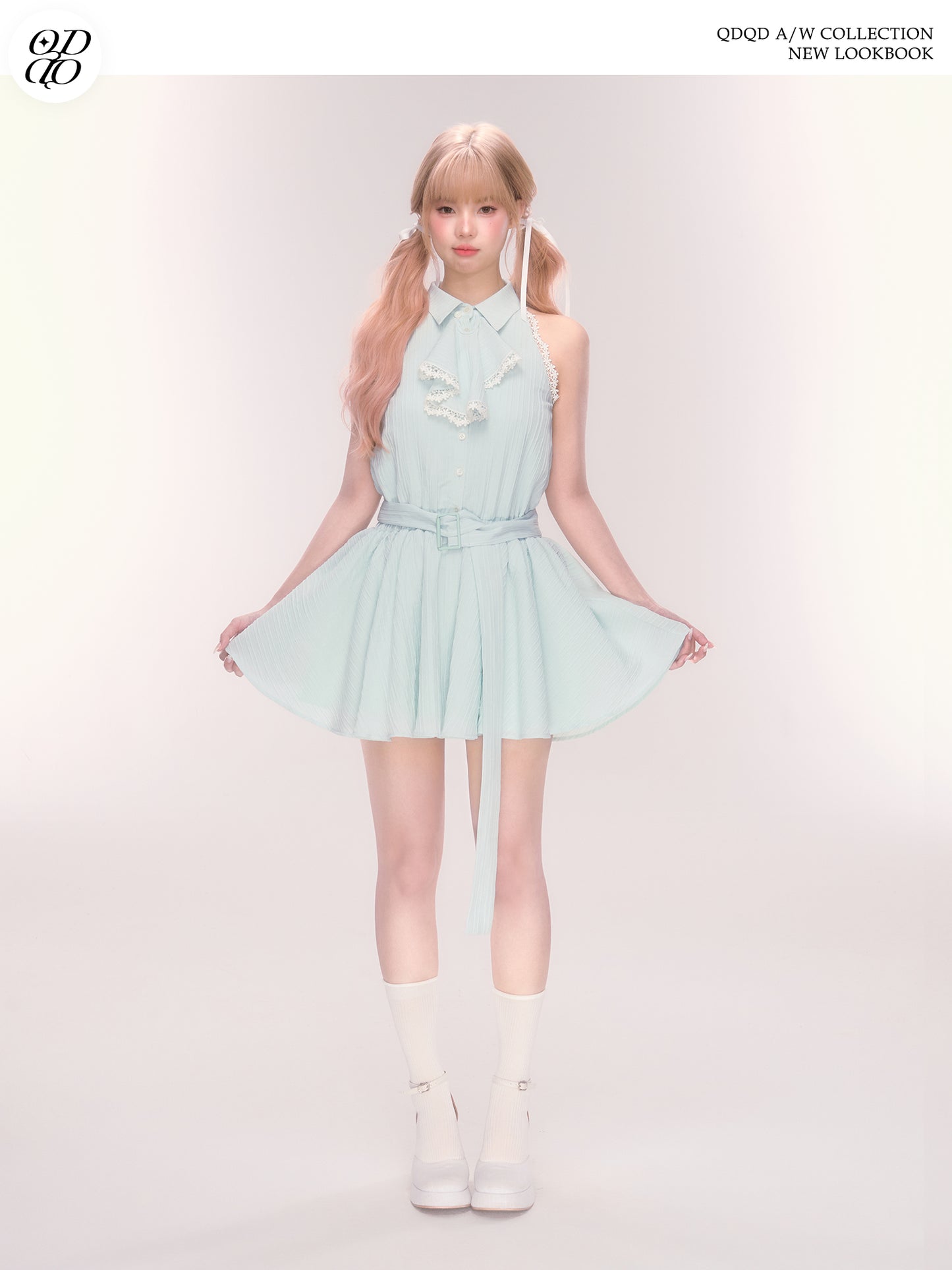 Sleeveless Belted Shirt Dress With Jabot Detail