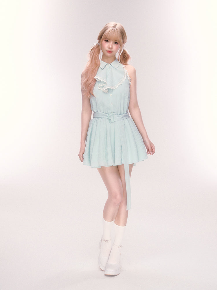 Sleeveless Belted Shirt Dress With Jabot Detail