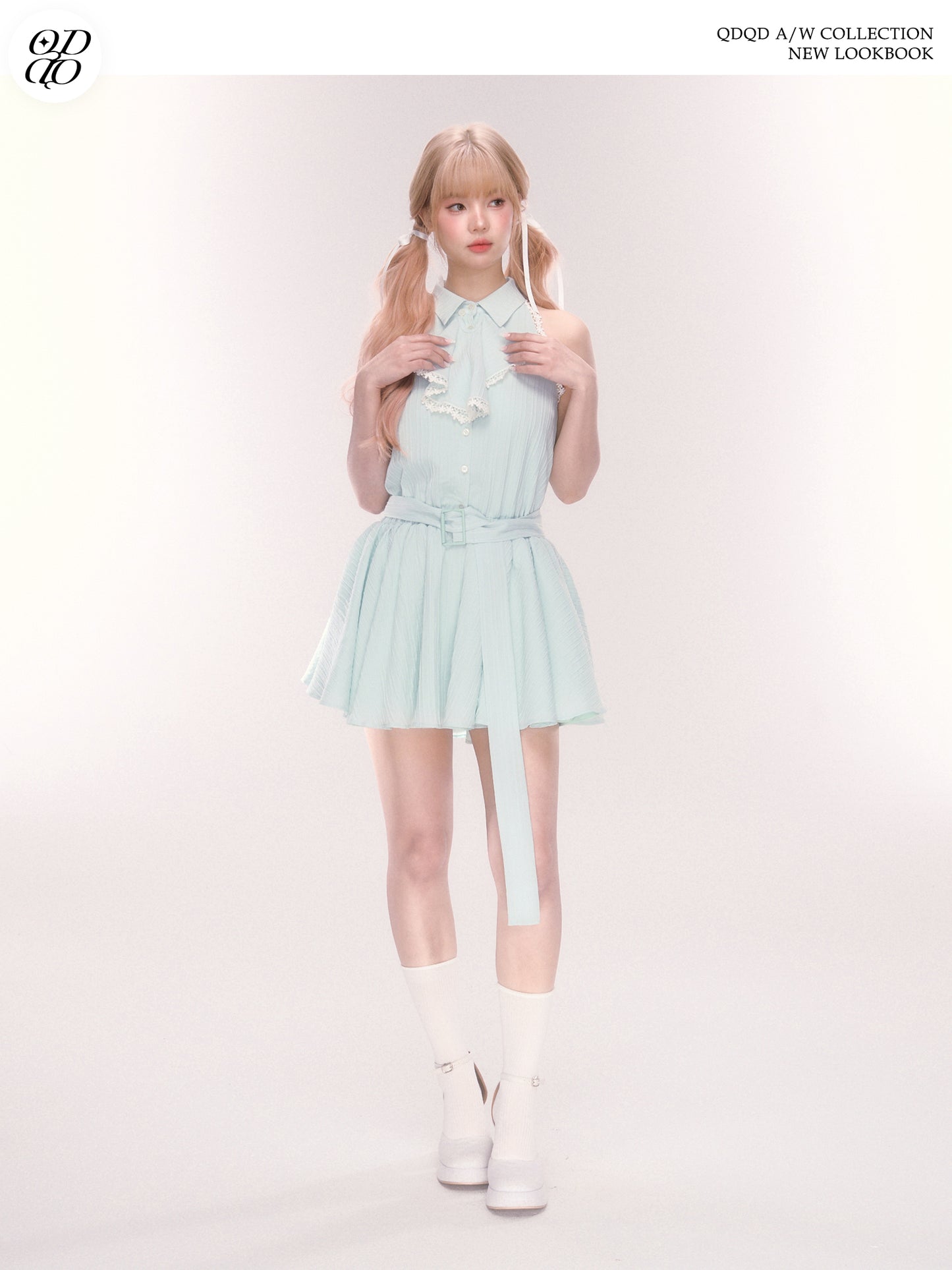 Sleeveless Belted Shirt Dress With Jabot Detail