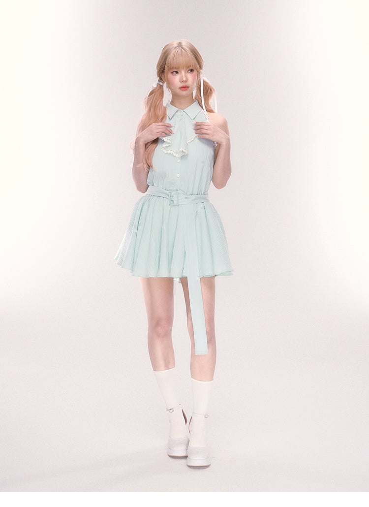 Sleeveless Belted Shirt Dress With Jabot Detail