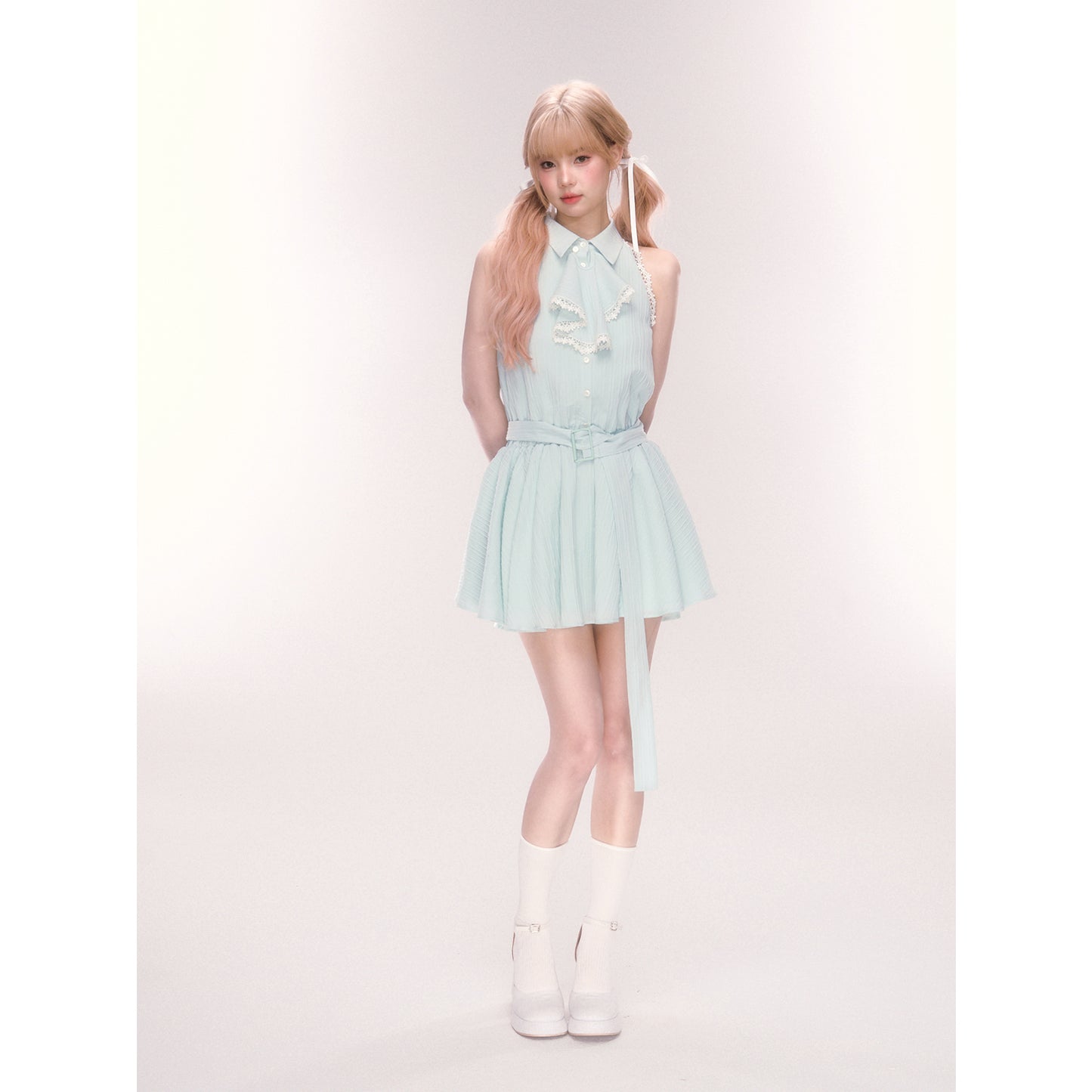 Sleeveless Belted Shirt Dress With Jabot Detail