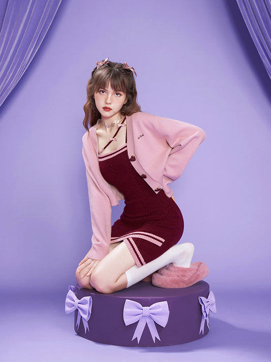 Cable-Knit Cami Dress With Bow Strap & Heart Cardigan Set