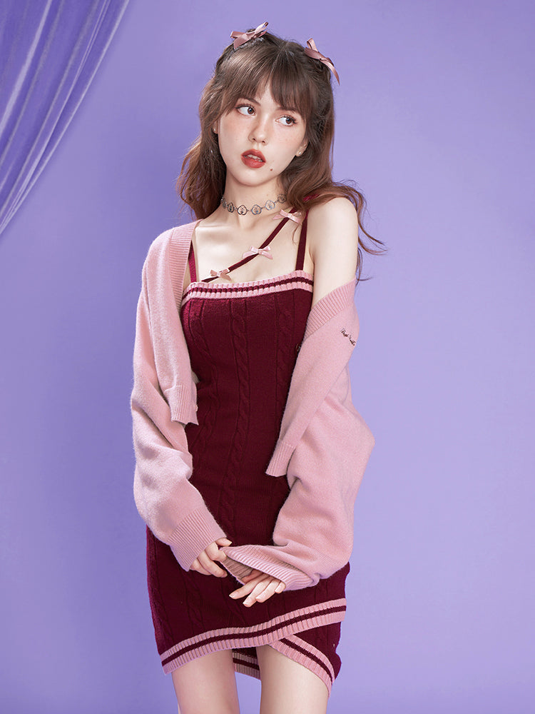 Cable-Knit Cami Dress With Bow Strap & Heart Cardigan Set