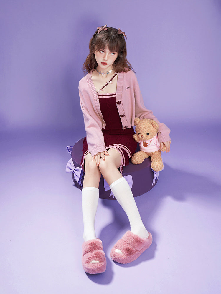 Cable-Knit Cami Dress With Bow Strap & Heart Cardigan Set