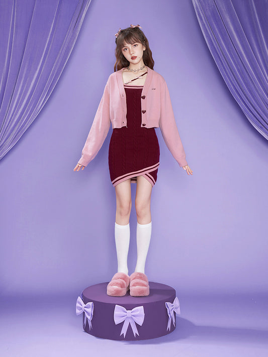 Cable-Knit Cami Dress With Bow Strap & Heart Cardigan Set