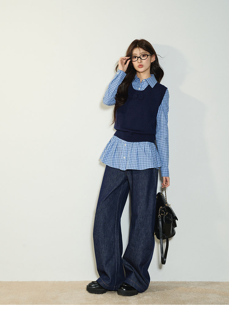 Longline Flared Shirt & Flower-Embellished Knit Vest