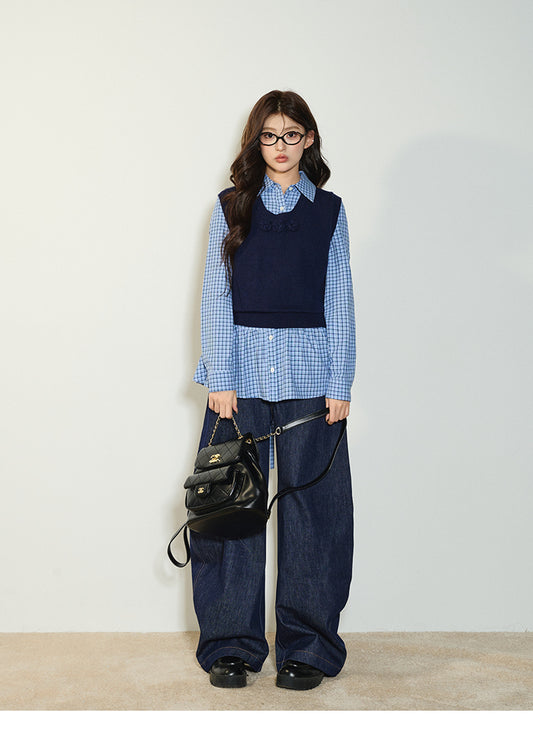 Longline Flared Shirt & Flower-Embellished Knit Vest