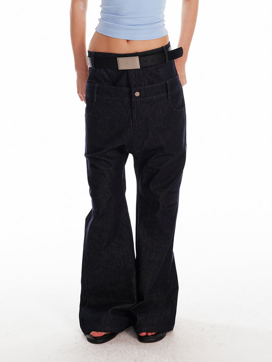 Double-Waist Flare Denim Pants