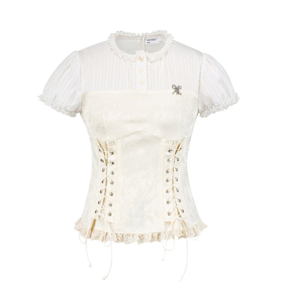 Lace-Up Corset Blouse With Puffy Sleeves
