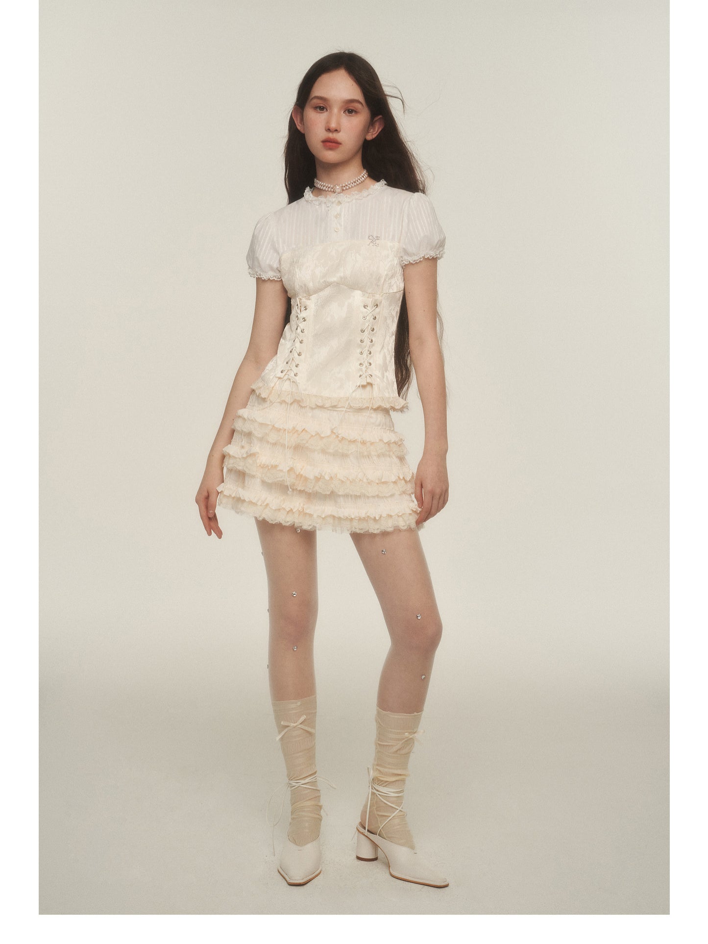 Lace-Up Corset Blouse With Puffy Sleeves