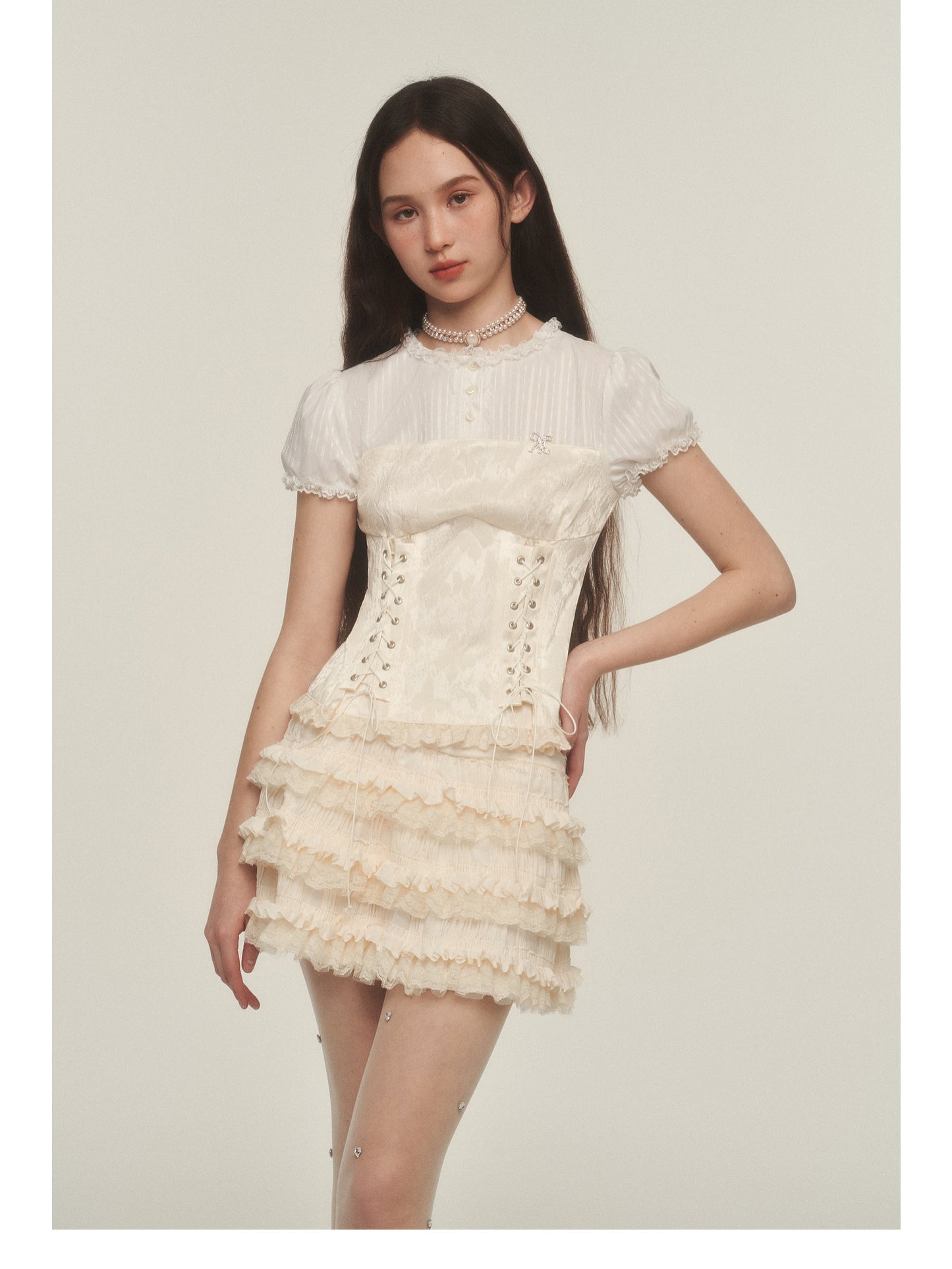 Lace-Up Corset Blouse With Puffy Sleeves