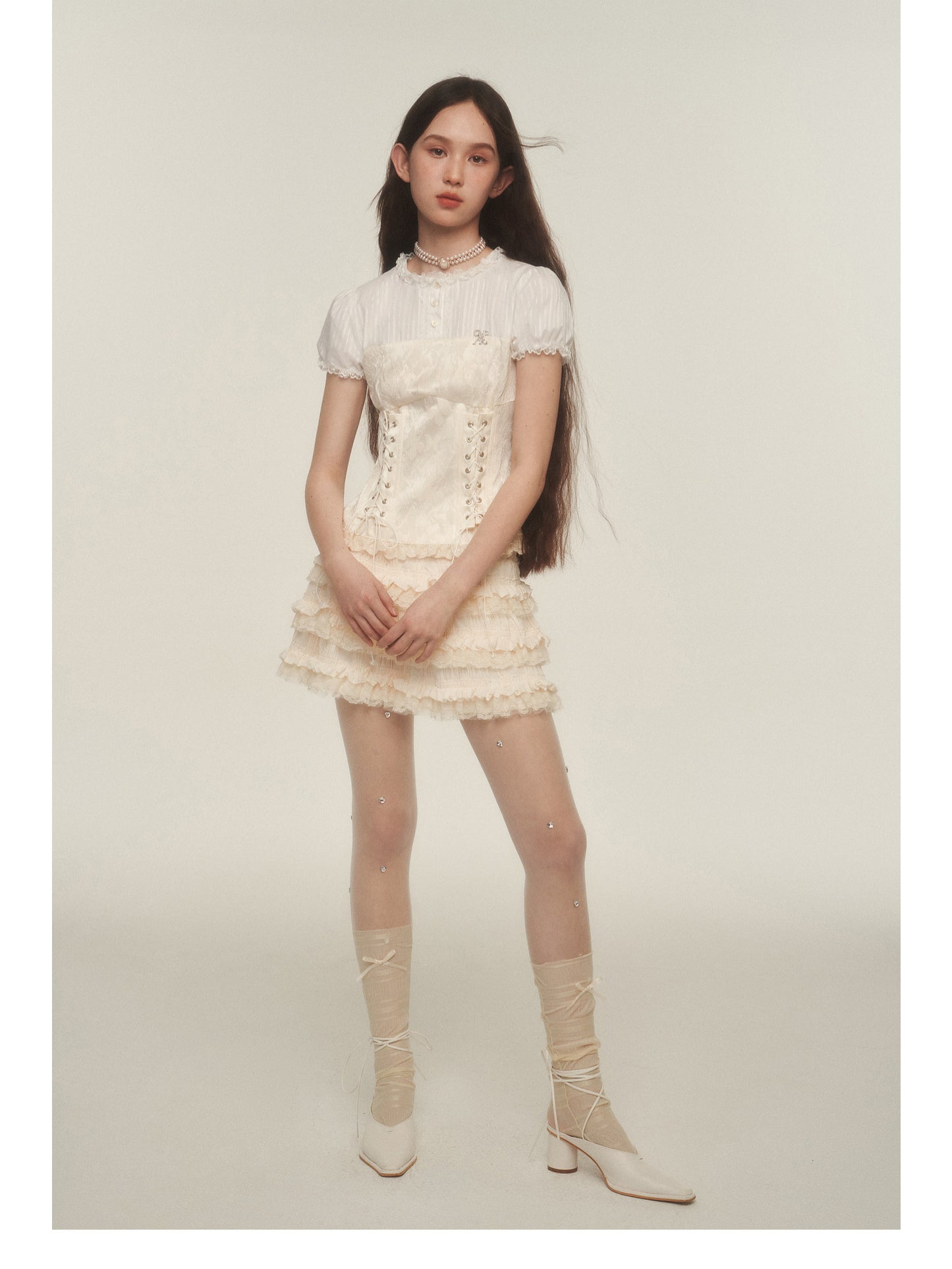 Lace-Up Corset Blouse With Puffy Sleeves