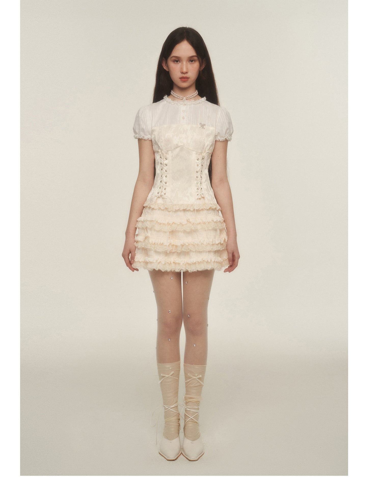 Lace-Up Corset Blouse With Puffy Sleeves