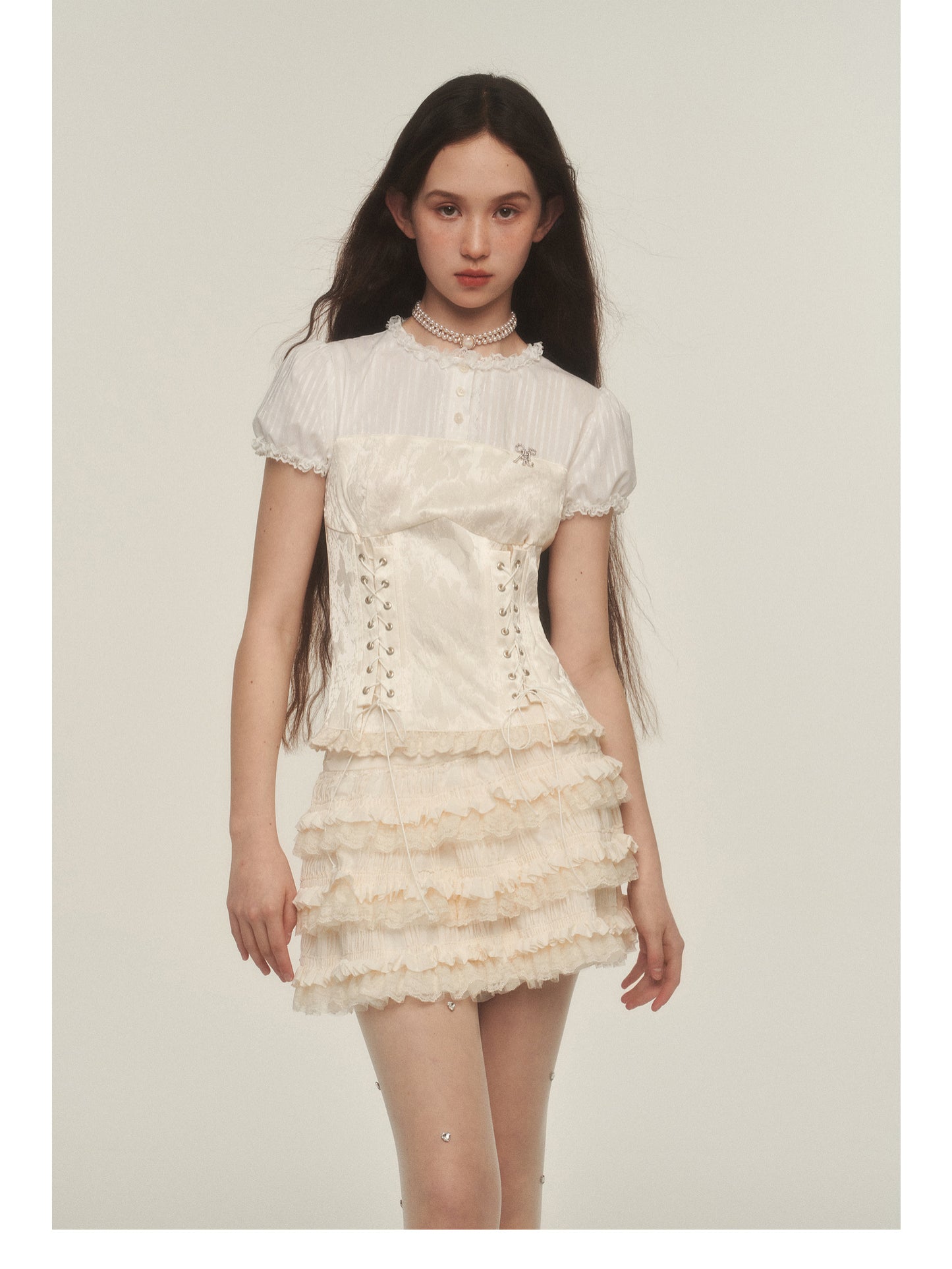 Lace-Up Corset Blouse With Puffy Sleeves