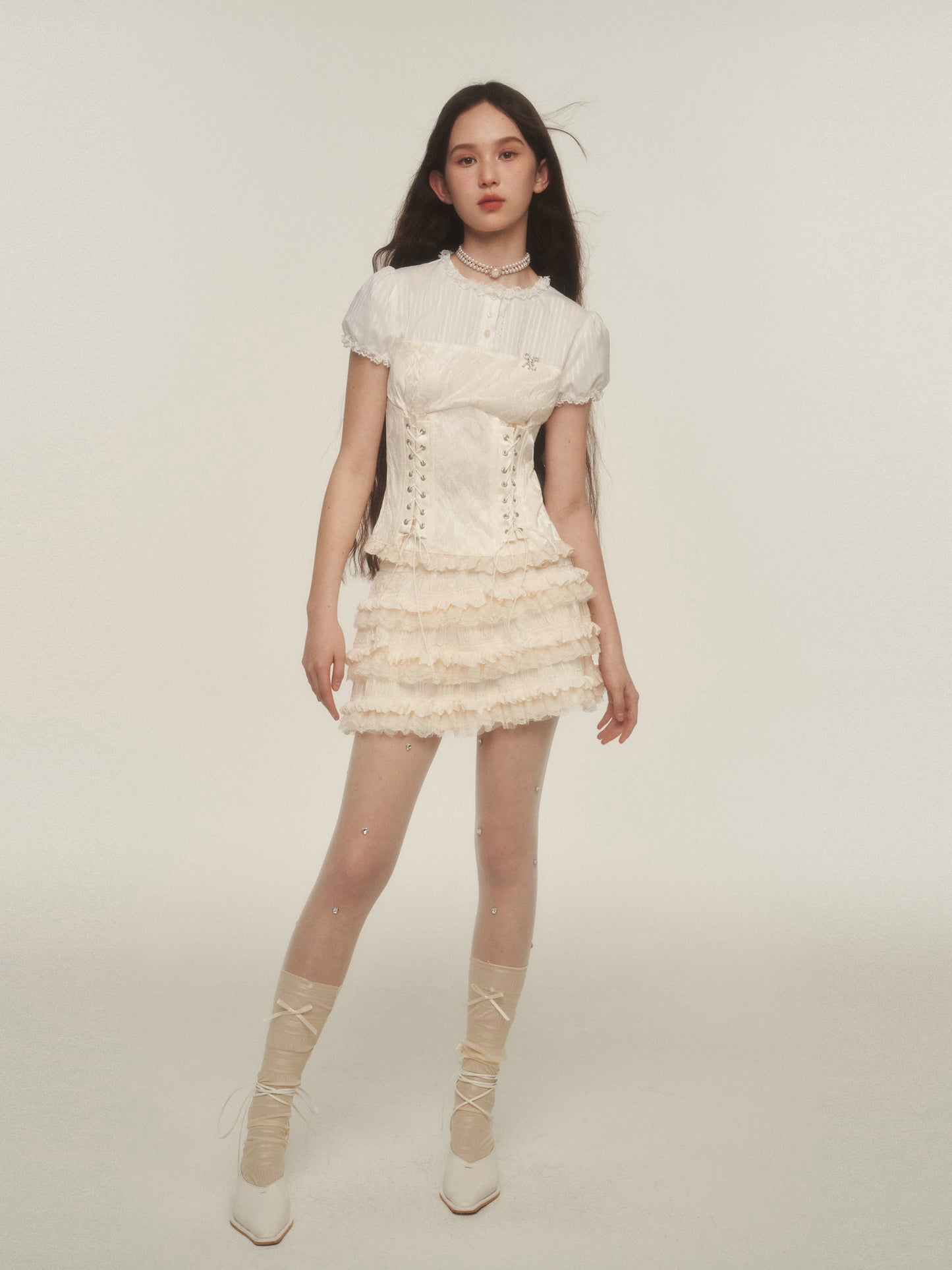 Lace-Up Corset Blouse With Puffy Sleeves