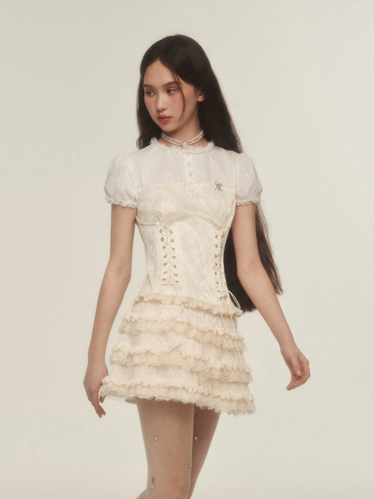 Lace-Up Corset Blouse With Puffy Sleeves