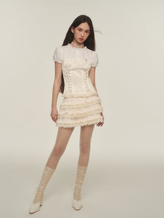 Lace-Up Corset Blouse With Puffy Sleeves