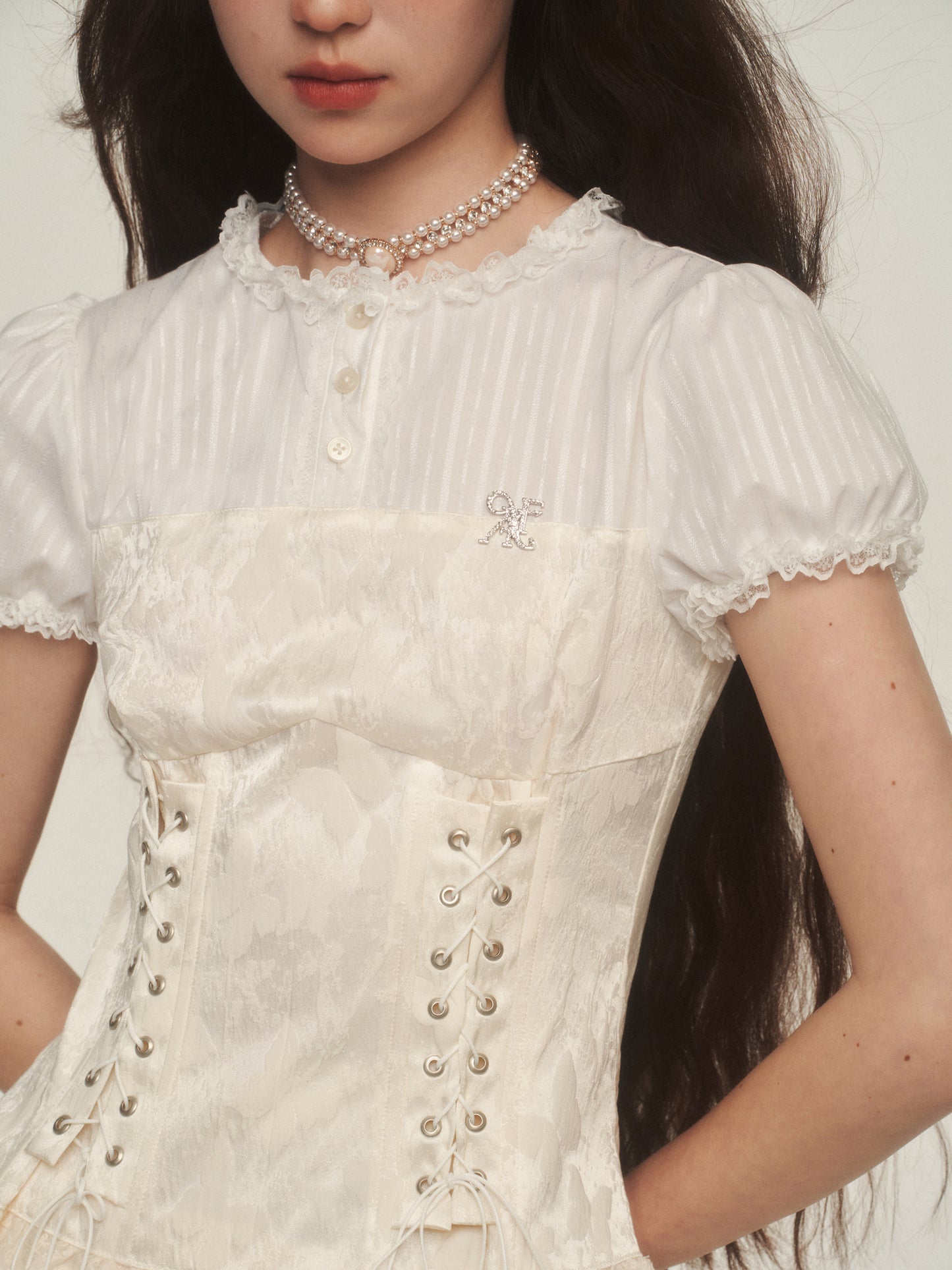 Lace-Up Corset Blouse With Puffy Sleeves