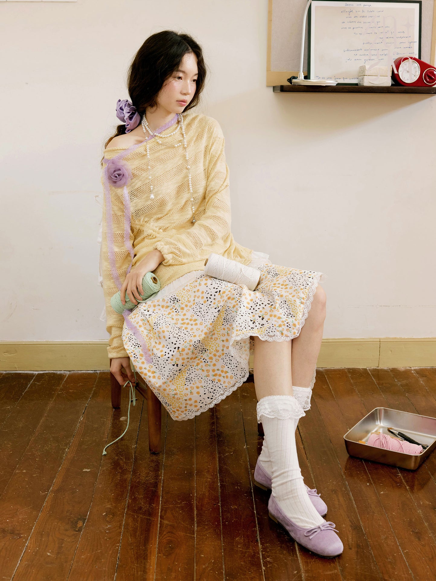 Lace Knit Off-Shoulder Top With Uneven Ribbon Detail