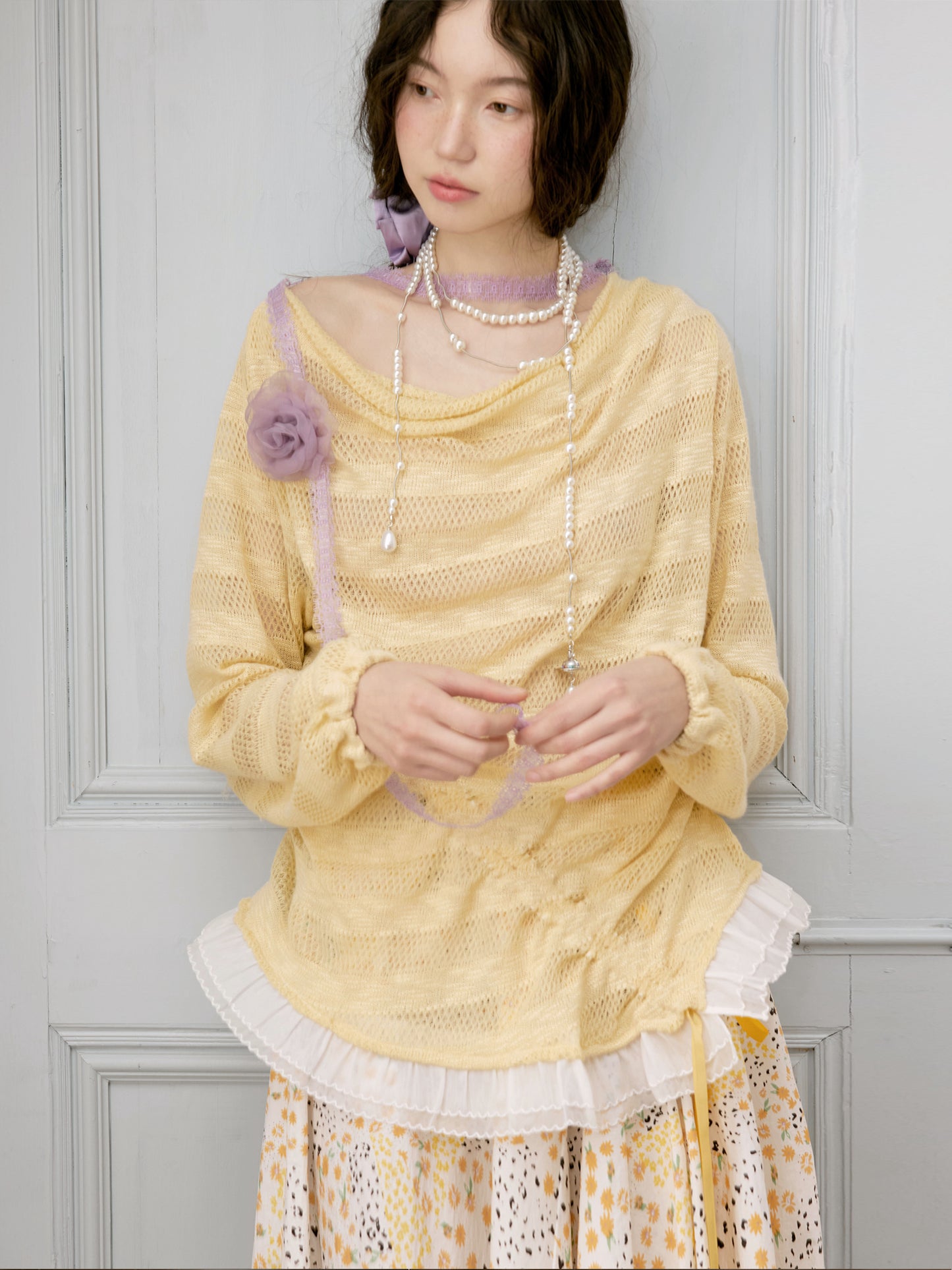 Lace Knit Off-Shoulder Top With Uneven Ribbon Detail