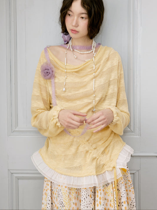 Lace Knit Off-Shoulder Top With Uneven Ribbon Detail