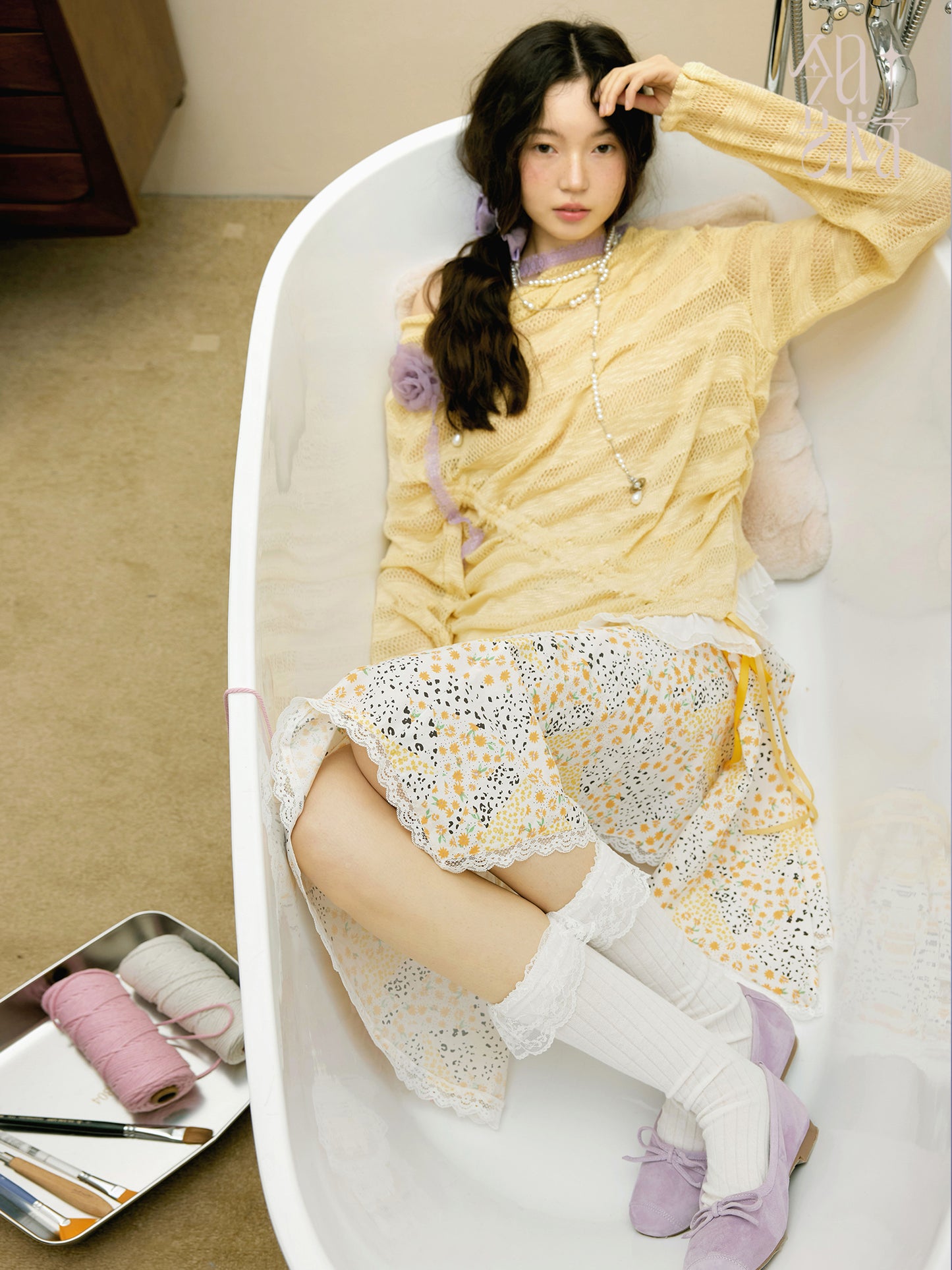 Lace Knit Off-Shoulder Top With Uneven Ribbon Detail