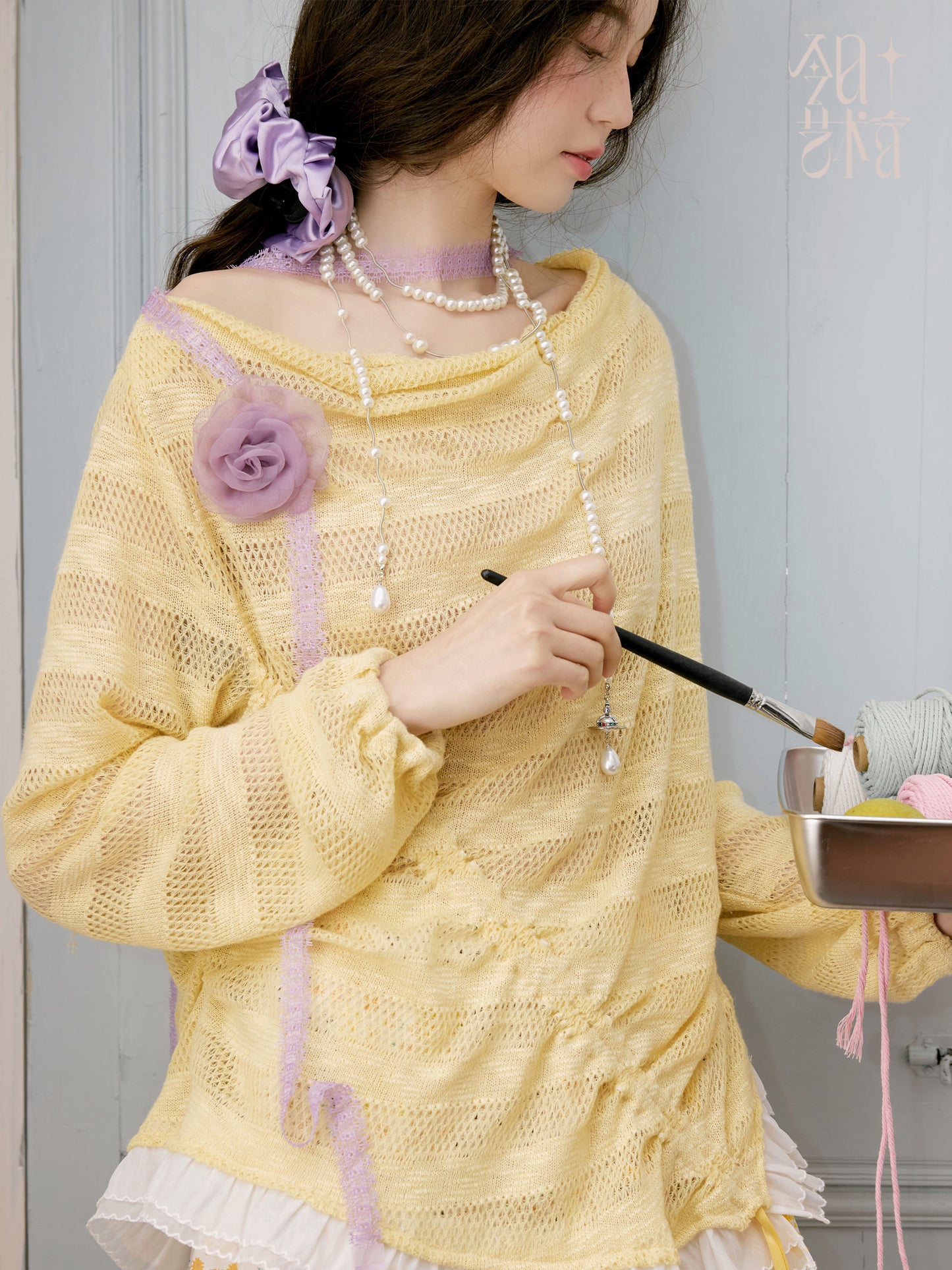 Lace Knit Off-Shoulder Top With Uneven Ribbon Detail