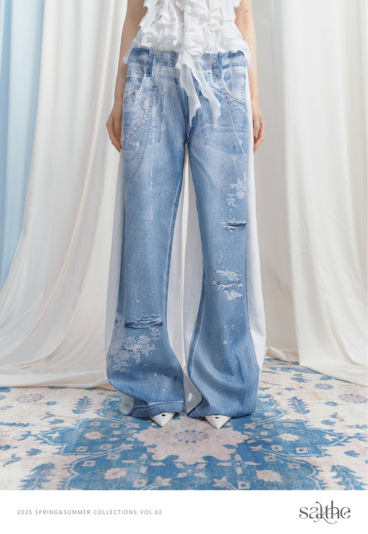 Floor-Length Sweatpants With Denim Print On One Side