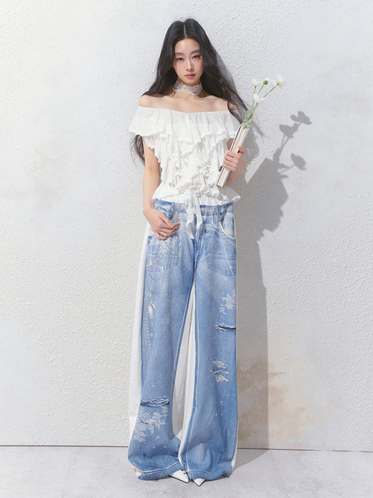Floor-Length Sweatpants With Denim Print On One Side