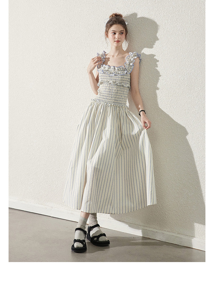 Striped Cotton Smocked Dress With Ruffled Neckline