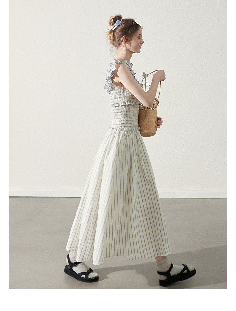 Striped Cotton Smocked Dress With Ruffled Neckline