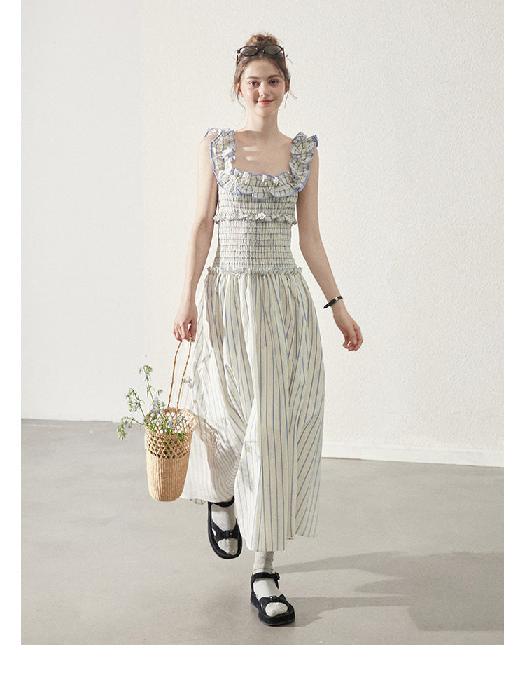 Striped Cotton Smocked Dress With Ruffled Neckline