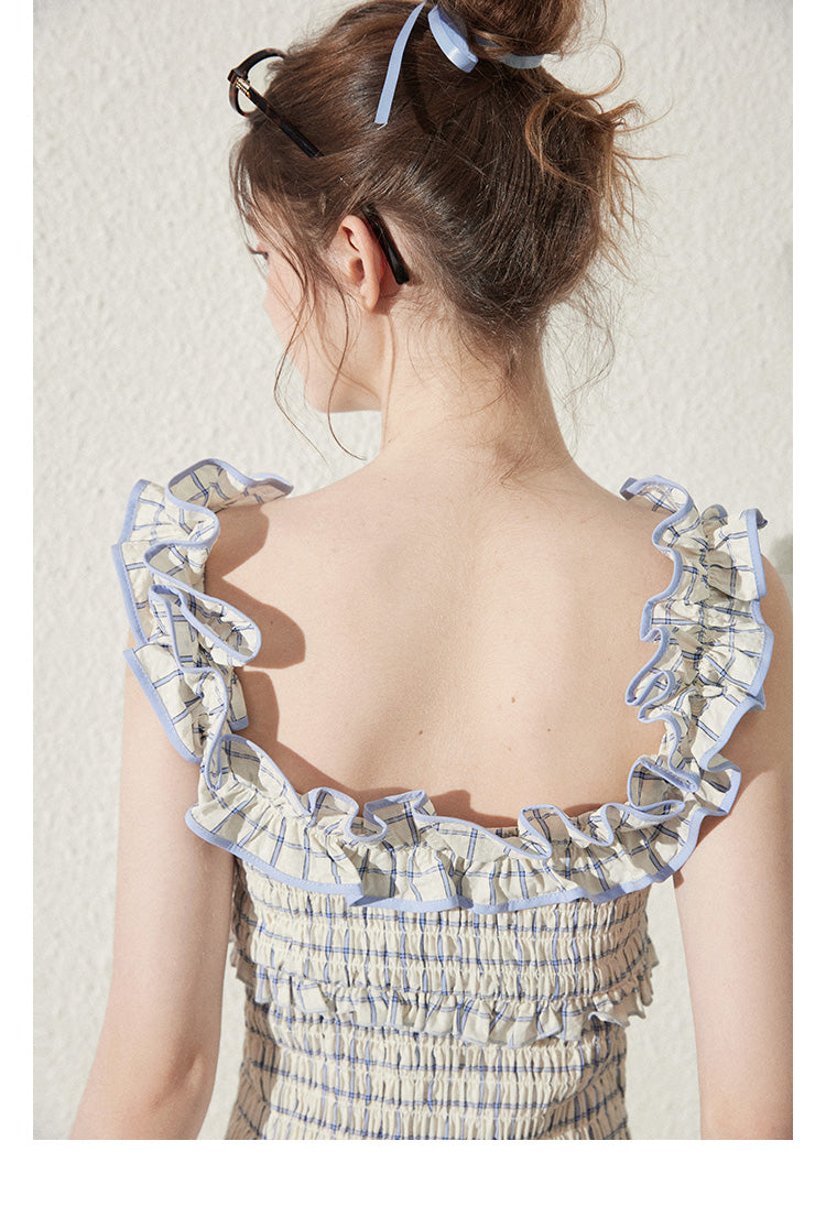 Striped Cotton Smocked Dress With Ruffled Neckline