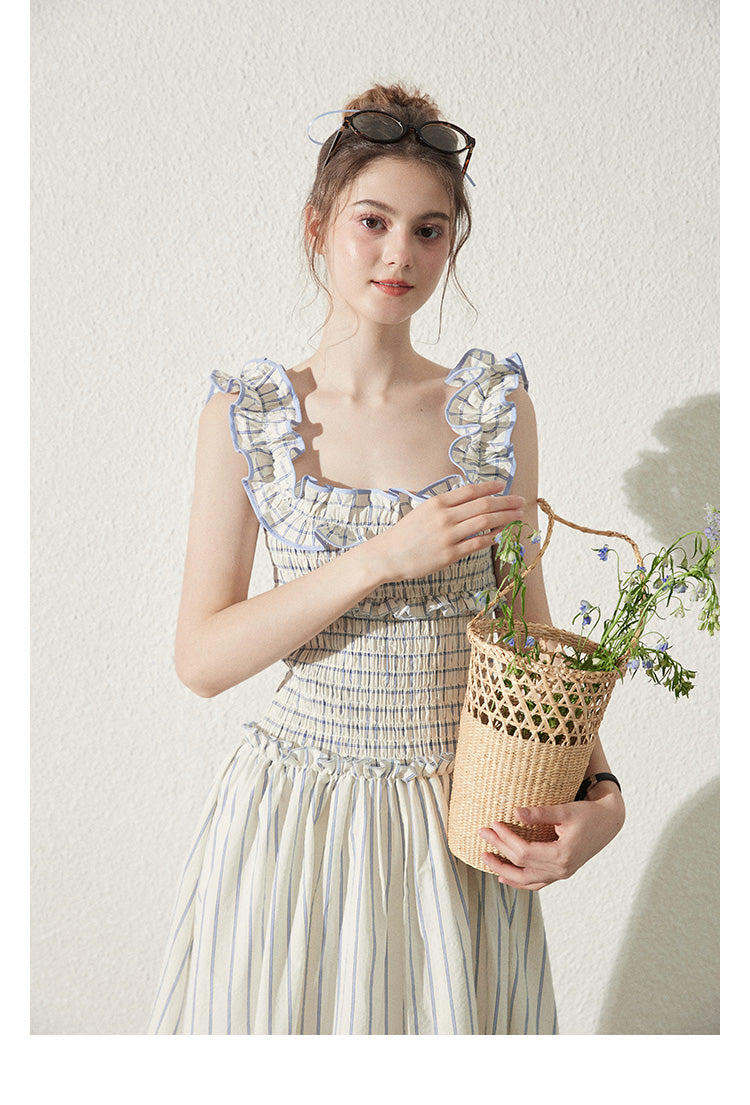 Striped Cotton Smocked Dress With Ruffled Neckline