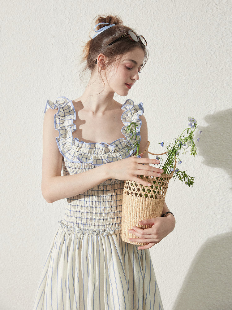 Striped Cotton Smocked Dress With Ruffled Neckline