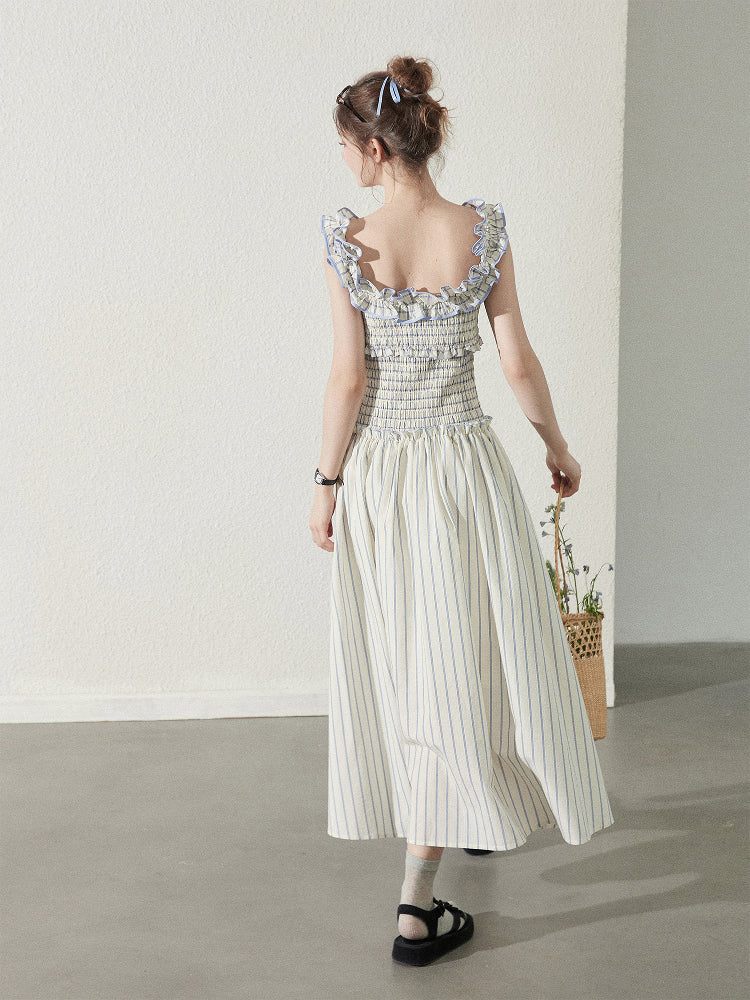Striped Cotton Smocked Dress With Ruffled Neckline