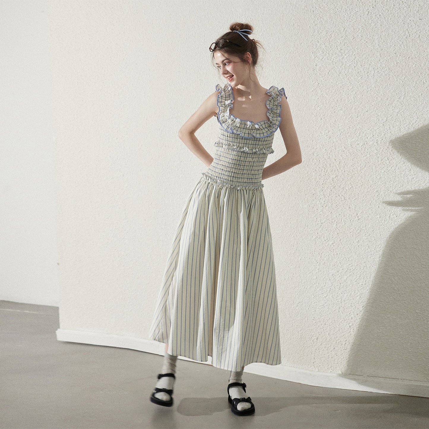 Striped Cotton Smocked Dress With Ruffled Neckline