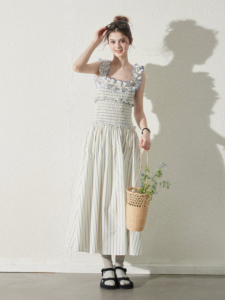Striped Cotton Smocked Dress With Ruffled Neckline